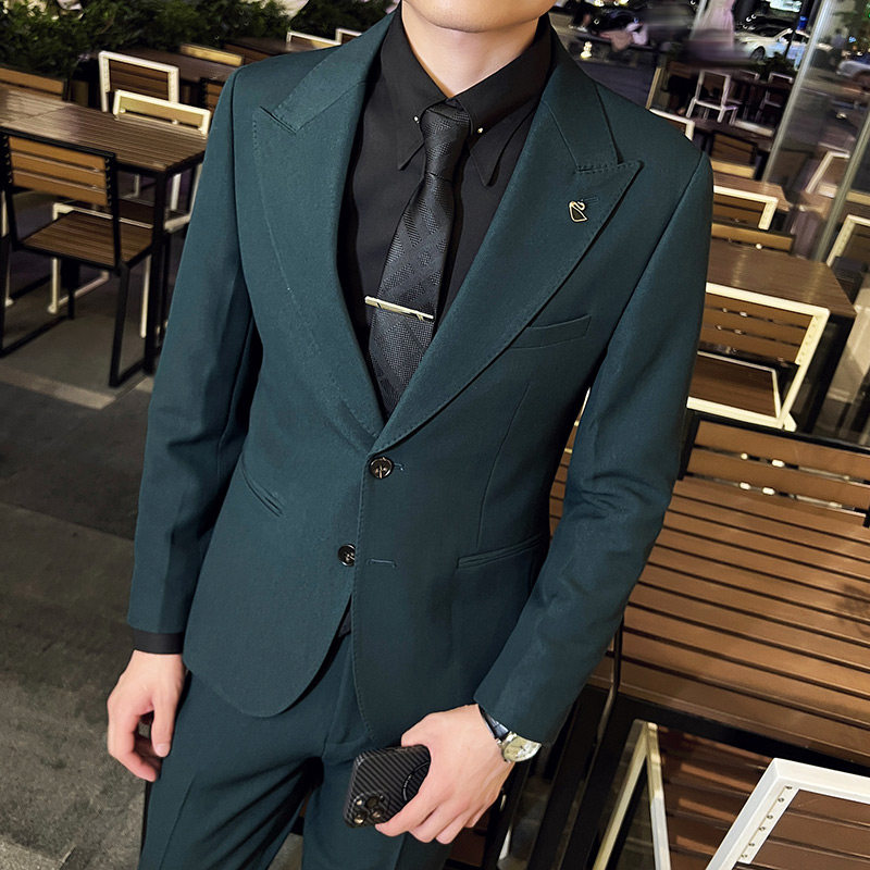 英伦韩版修身男士休闲商务西服套装新郎套装墨绿色LJT889-P230，男装西服套装，电商C308