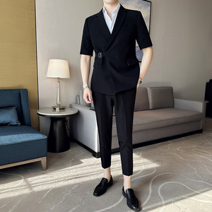 高质量纯色休闲男士卡扣中袖西服英伦时尚九分西裤套装LJT37-P200,男装西服,电商C308