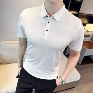 夏季冰丝高弹翻领无痕T恤男士光滑短袖POLO衫黑色PL2-P48