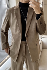 ins轻熟风英伦纯色长袖西服阔版宽松休闲丝绒小西装外套 X22-P150图片