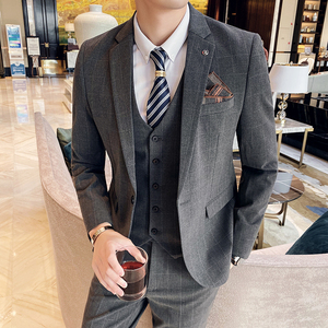 20秋冬款 英伦韩风修身男士时尚休闲格子西服三件套 SJT959-P295图片