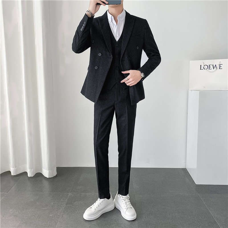 轻熟风ins韩版修身男士双排扣条纹西服三件套装SJT903A-P265,男装西服,电商C308