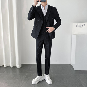 轻熟风ins韩版修身男士双排扣条纹西服三件套装 SJT903A-P265图片
