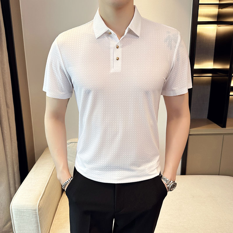 夏季冰丝高弹翻领无痕T恤男士纯色修身短袖POLO衫蓝色PL3-P58,男装T恤,电商C308