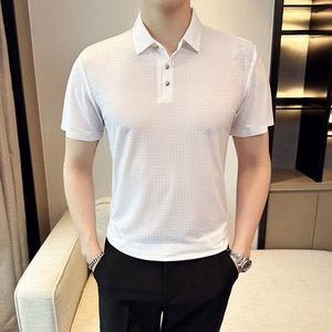 夏季 冰丝高弹翻领无痕T恤男士纯色修身短袖POLO衫蓝色PL3-P58图片