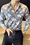 高级感修身花衬衫时尚衬衣男长袖衬衫质感潮流衬衫黑色C2025-P63，男装衬衫，电商C308