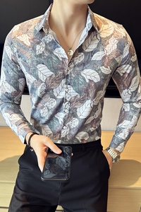 高级感修身花衬衫时尚衬衣男长袖衬衫质感潮流衬衫黑色C2025-P63图片