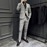 春夏新款英伦韩版修身男士休闲格子西服套装新郎套装LJT818-P220，男装西服套装，电商C308