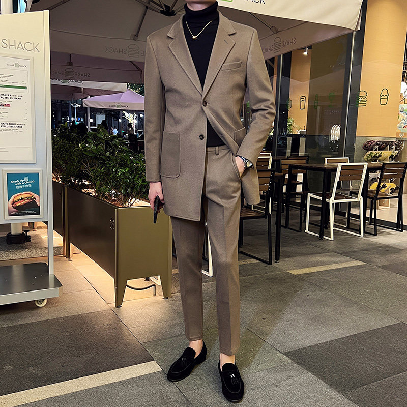 秋冬英伦韩版修身男士商务休闲中长款西服呢料外套卡其色X34-P170,男装西服,电商C308