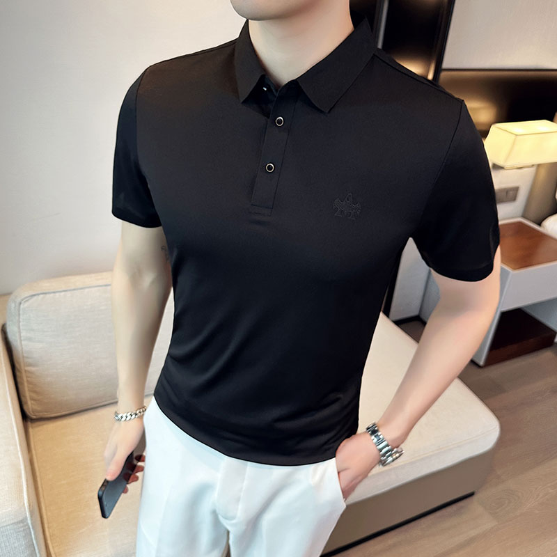夏季冰丝高弹翻领无痕T恤男士光滑短袖POLO衫卡其色PL2-P48,男装T恤,电商C308