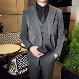 秋冬韩版修身纯色双排扣男士西服三件套装中灰色SJT830A-P280，男装西服，电商C308