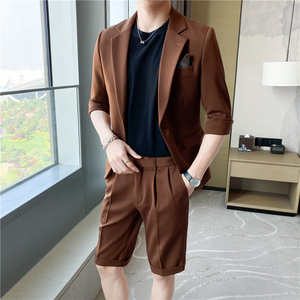 痞帅高级感纯色中袖休闲男士西服+英伦时尚青年短裤套装TZ04-P210图片