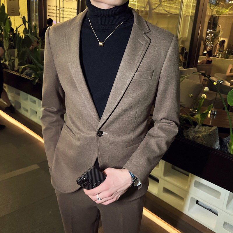 秋冬英伦韩版修身男士商务休闲一粒扣毛呢西服外套卡其色X33-P155，男装西服，电商C308