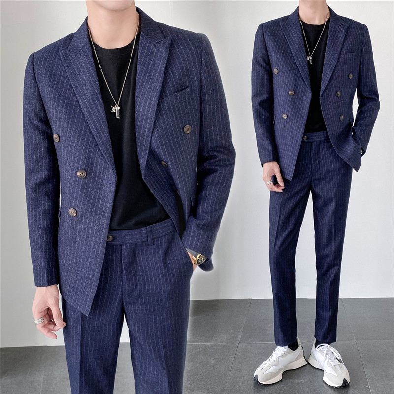 轻熟风ins韩版修身双排扣条纹男士西服套装LJT903A-P205,男装西服套装,电商C308