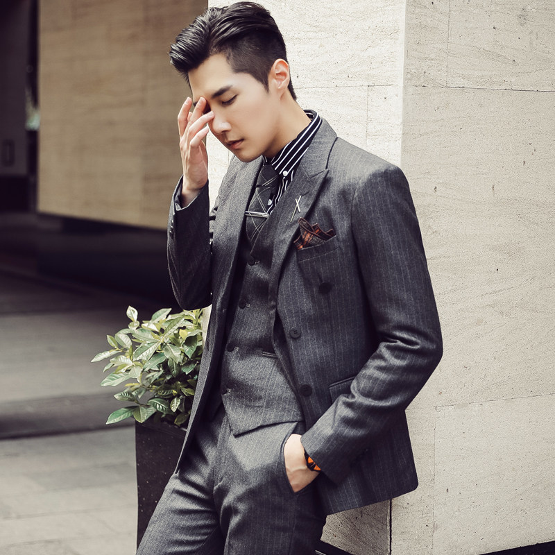 秋冬高品质韩版修身条纹双排扣西服三件套装SJT903A双排扣-P265,男装西服,电商C308