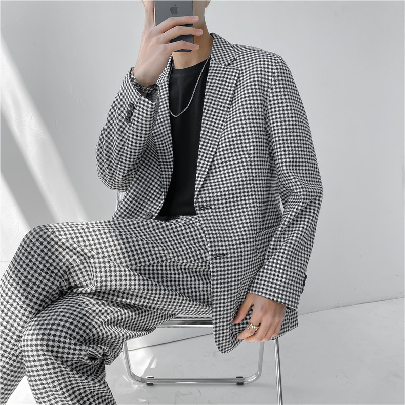 21春夏款轻熟风英伦小细格长袖西服阔版宽松休闲西服X18-P150，男装西服，电商C308