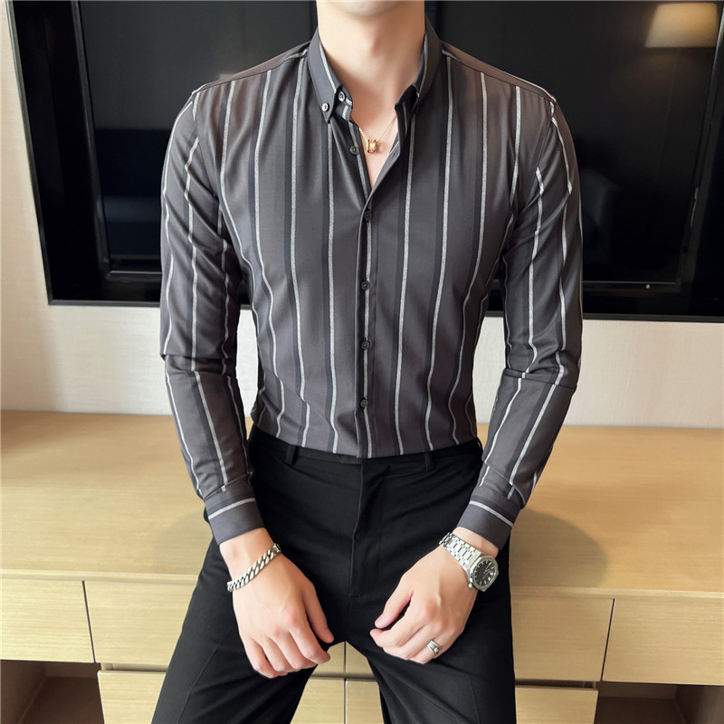 秋冬英伦宽条纹男士衬衣韩版修身长袖衬衫男C88268-P65,男装衬衫,电商C308
