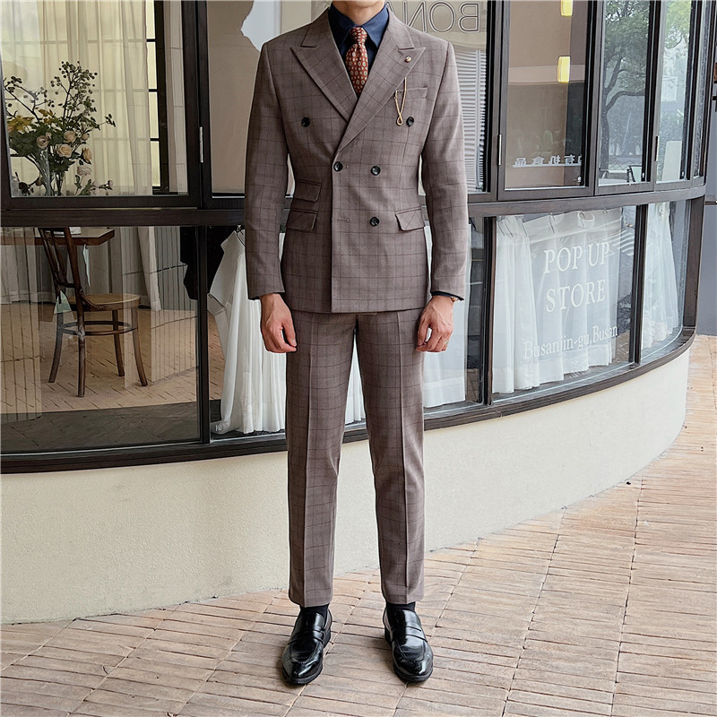 英伦修身男士双排扣格子西服三件套新郎伴郎礼服套装SJT920-P300,男装西服,电商C308