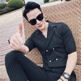 23春夏季款英伦条纹中袖双排扣衬衫+九分裤套装LJT238-P135，男装衬衫，电商C308