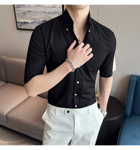 雅痞个性青年条纹V领衬衫男中袖帅气修身休闲立领痞帅衬衣C03-P68，男装衬衫，电商C308