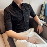 雅痞青年格子个性V领衬衫中袖帅气修身休闲立领痞帅衬衣男C04-P68，男装衬衫，电商C308