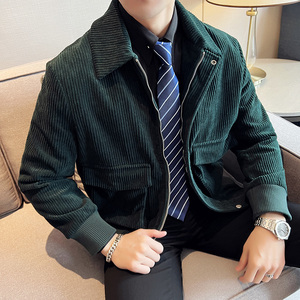 秋冬英伦修身韩版翻领纯色夹克灯芯绒加厚男外套绿色F21806-P155，男装夹克，电商C308