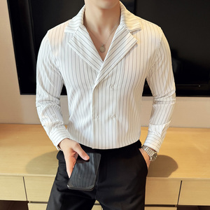 秋冬款古巴领英伦经典条纹双排扣男士长袖衬衫C15-P70图片