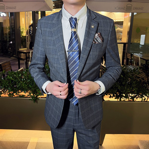 秋冬款 英伦韩版修身男士商务休闲格子西服外套深灰色X30-P155图片