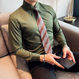 春季大领衬衫男长袖薄款潮流帅气修身休闲立领纯色黑衬衣C43-P68，男装衬衫，电商C308