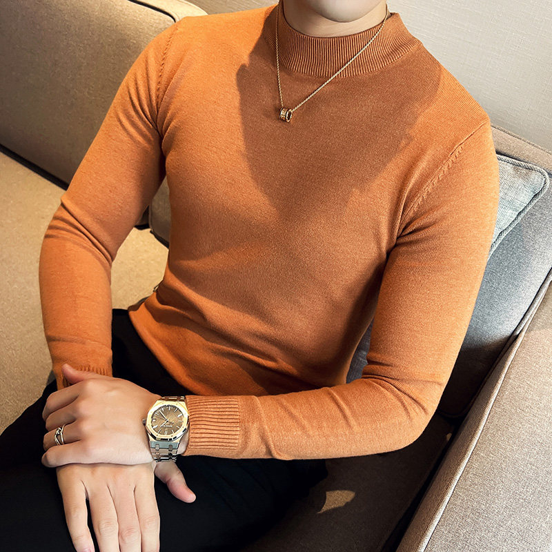秋冬韩版半高领修身打底衫套头纯色针织衫精致毛衣焦糖B5552-P50，男装T恤，电商C308