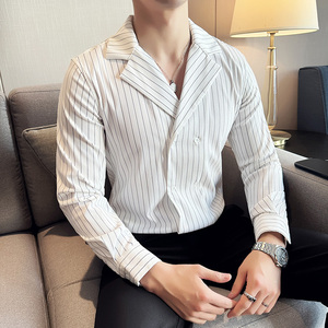 秋冬款英伦经典条纹双排扣男士古巴领长袖衬衫C15-P70图片