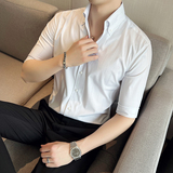 雅痞青年虚线个性V领衬衫中袖帅气修身休闲立领痞帅衬衣男C05-P68，男装衬衫，电商C308