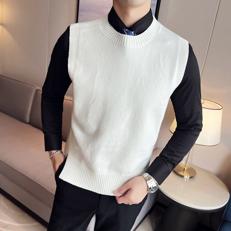 秋冬韩版修身马甲背心毛衣潮流百搭休闲圆领针织衫白色C67003-P70，男装背心/马甲，电商C308