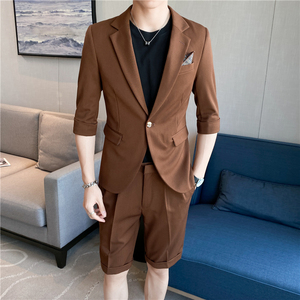 痞帅高级感休闲纯色中袖男士西服+英伦时尚青年短裤套装TZ04-P210图片