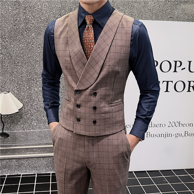 新郎婚礼伴郎服礼服马甲男士高级感双排扣格子马甲MJ919-P70图片