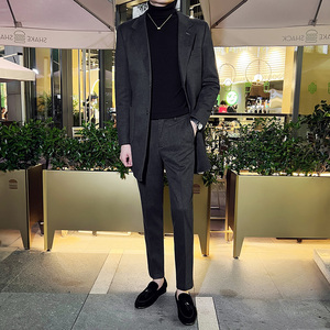 秋冬英伦韩版修身男士休闲中长款呢料西服套装灰色LJT34-P235，男装西服套装，电商C308