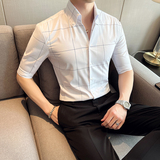 雅痞个性青年格子V领衬衫中袖帅气修身休闲立领痞帅衬衣男C04-P68，男装衬衫，电商C308