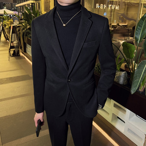 秋冬英伦韩版修身男士商务休闲一粒扣毛呢西服外套卡其色X33-P155图片