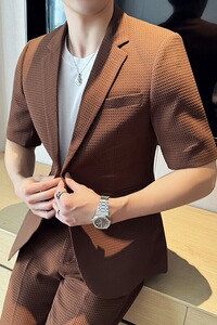 春夏休闲华夫格中袖小西服外套 韩版修身英伦潮男西装 X931-P130图片