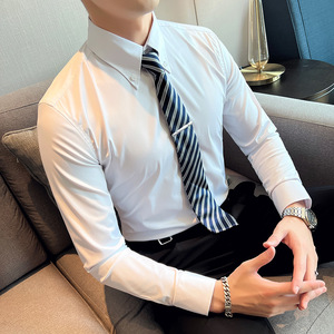 秋款大领衬衫男长袖薄款潮流帅气修身休闲立领纯色白衬衣C43-P68
