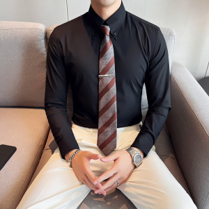 春季 大领衬衫男长袖薄款潮流帅气修身休闲立领纯色黑衬衣C43-P68图片