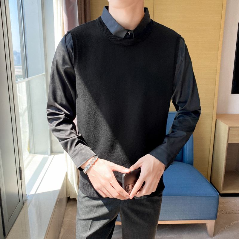 秋冬毛衣假两件衬衫领针织背心套头毛衣男潮黑色MY4-P75，男装背心/马甲，电商C308