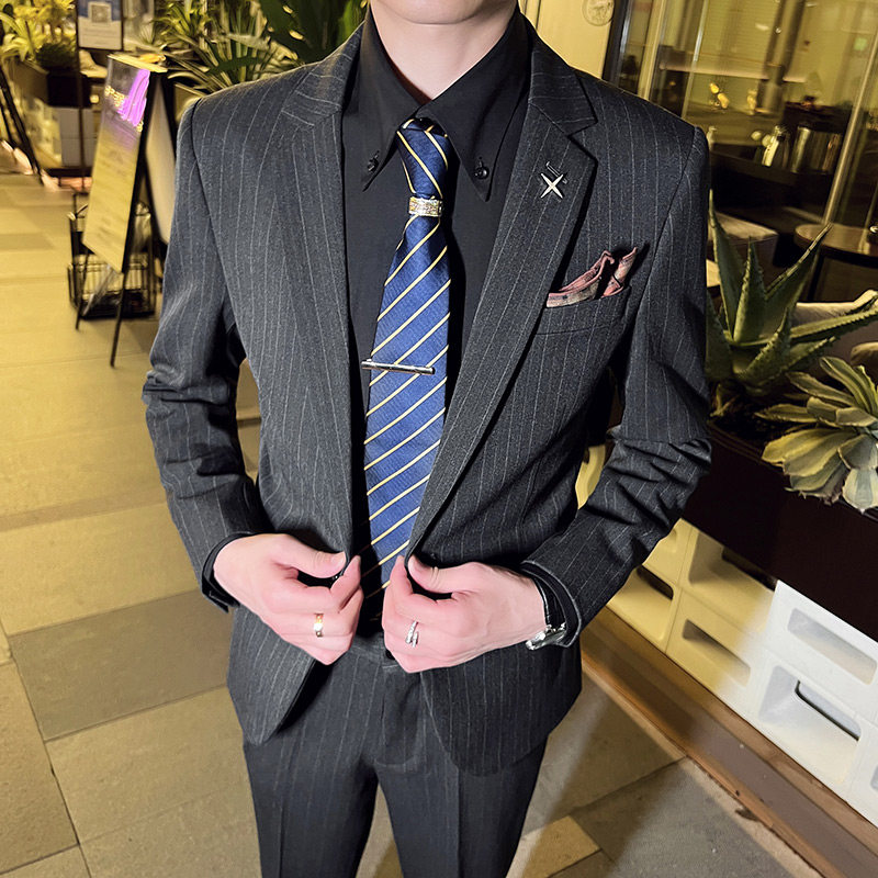 英伦韩版修身男士商务休闲条纹一粒扣西服外套深灰色X28-P150，男装西服，电商C308