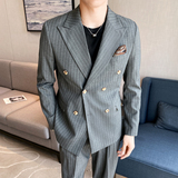 痞帅高级感休闲条纹双排扣西服外套韩版修身英伦单西装X08-P155，男装西服套装，电商C308