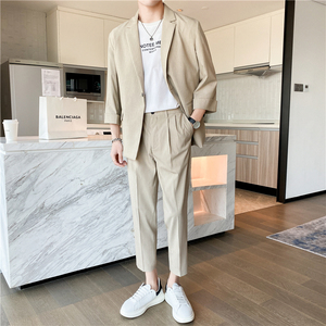 轻熟风微宽英伦条纹中袖西服  九分裤套装 黑色TZ13-P195图片