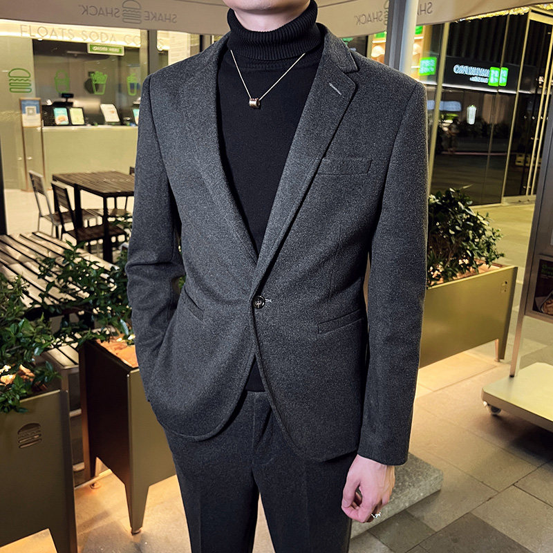 秋冬英伦韩版修身男士商务休闲一粒扣呢料西服外套黑色X33-P155,男装西服,电商C308