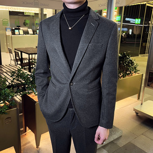 秋冬英伦韩版修身男士商务休闲一粒扣呢料西服外套黑色X33-P155图片
