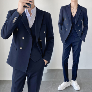 秋冬韩版修身纯色双排扣男士西服三件套装中灰色SJT830A-P280图片