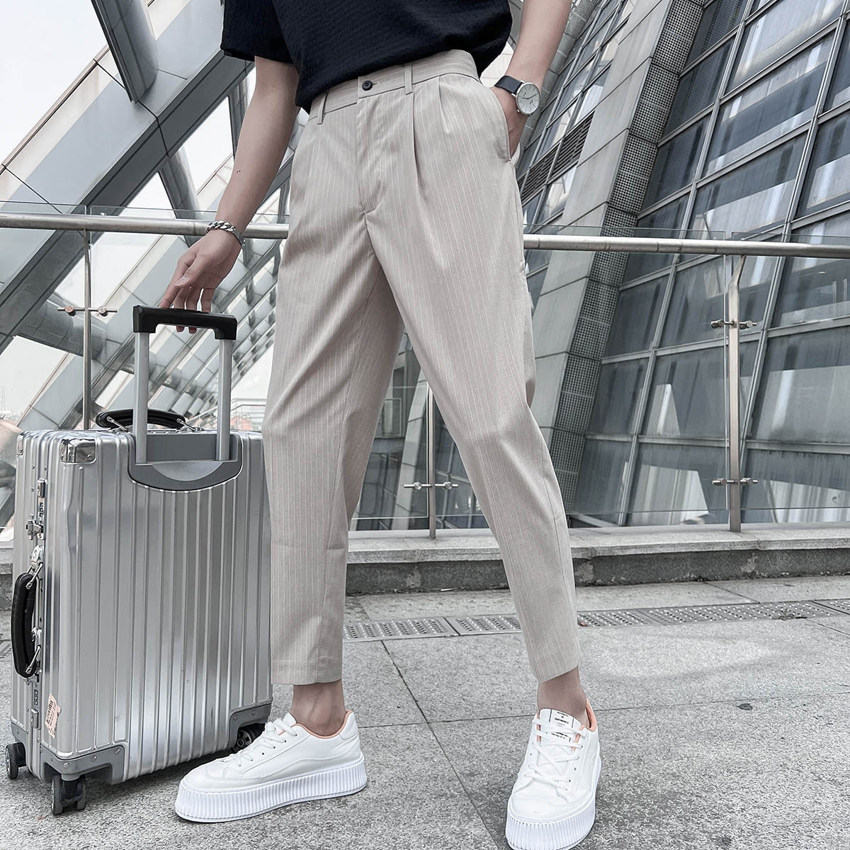 春夏轻熟风微宽时尚休闲裤潮流阔版条纹小脚九分西裤K13-P65，男装西裤，电商C308
