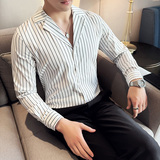 秋冬款古巴领英伦经典条纹单排扣男士长袖衬衫C14-P65，男装衬衫，电商C308